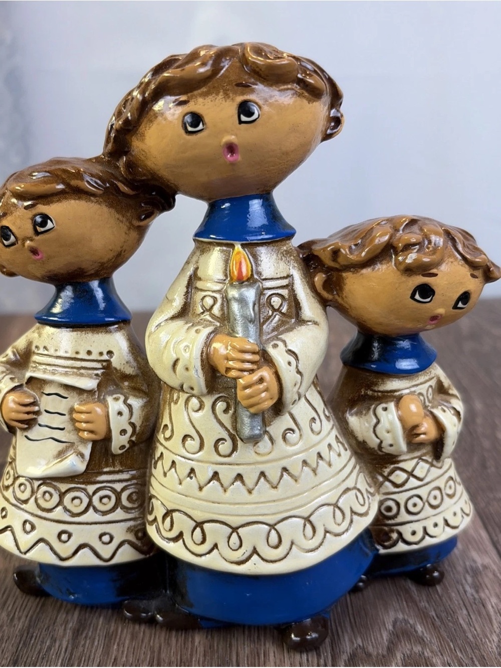 Vintage Kitschy Carolers 1970's Paper Mache Choir Boys Trio Figurine Japan